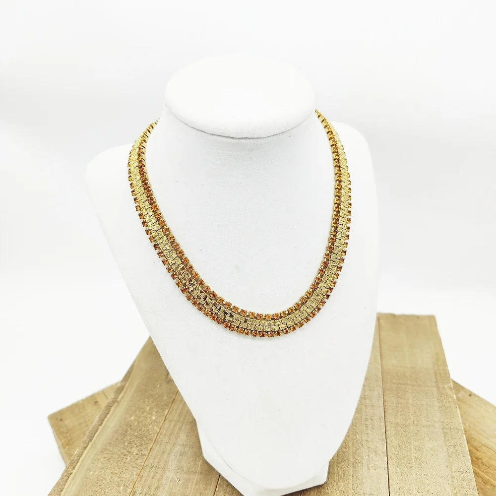 Brand New! Vintage Choker • Gold Tone w/ Amber-Tone Rhinestones • Snap Closure